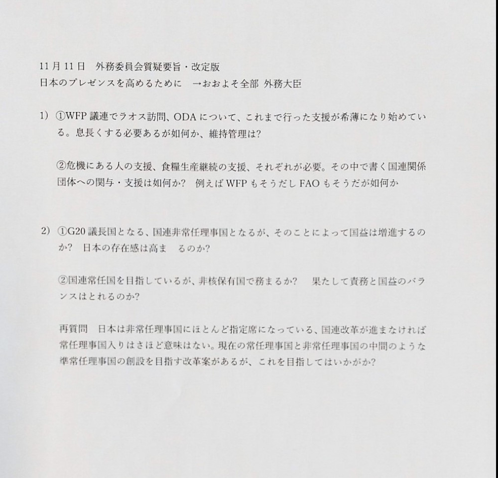 11月11日(金)外務委員会の質疑に立ちました。