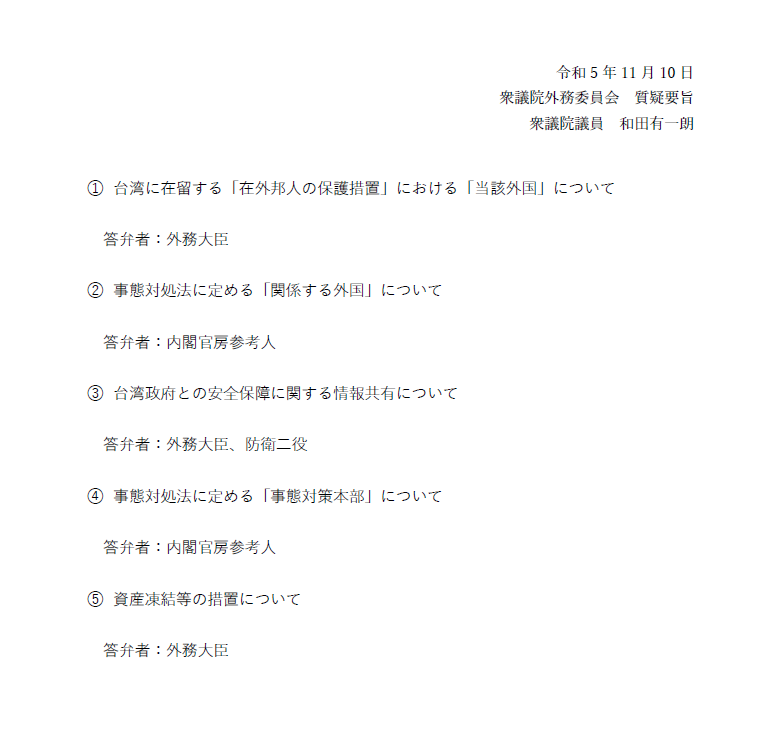 11月10日(金)外務委員会に立って質疑いたしました。